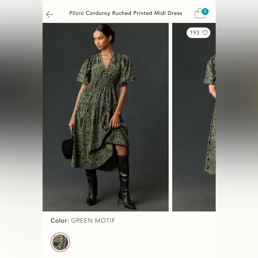 RARE! Anthropologie Pilcro Corduroy Ruched Printed Midi Dress, NWT, S